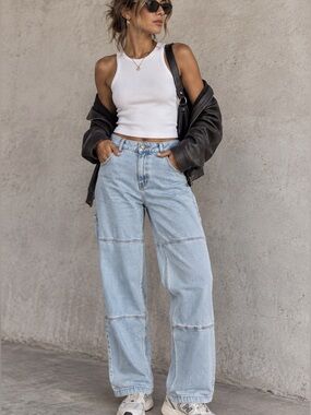 Wildfang Y2K Straight Leg Jeans Light Wash Small Utility Carpenter Denim Chic